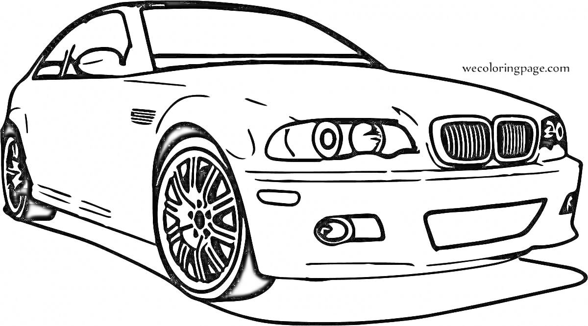 Раскраска Раскраска автомобиля BMW M5 в анфасе с передними фарами, колесами и деталями кузова.
