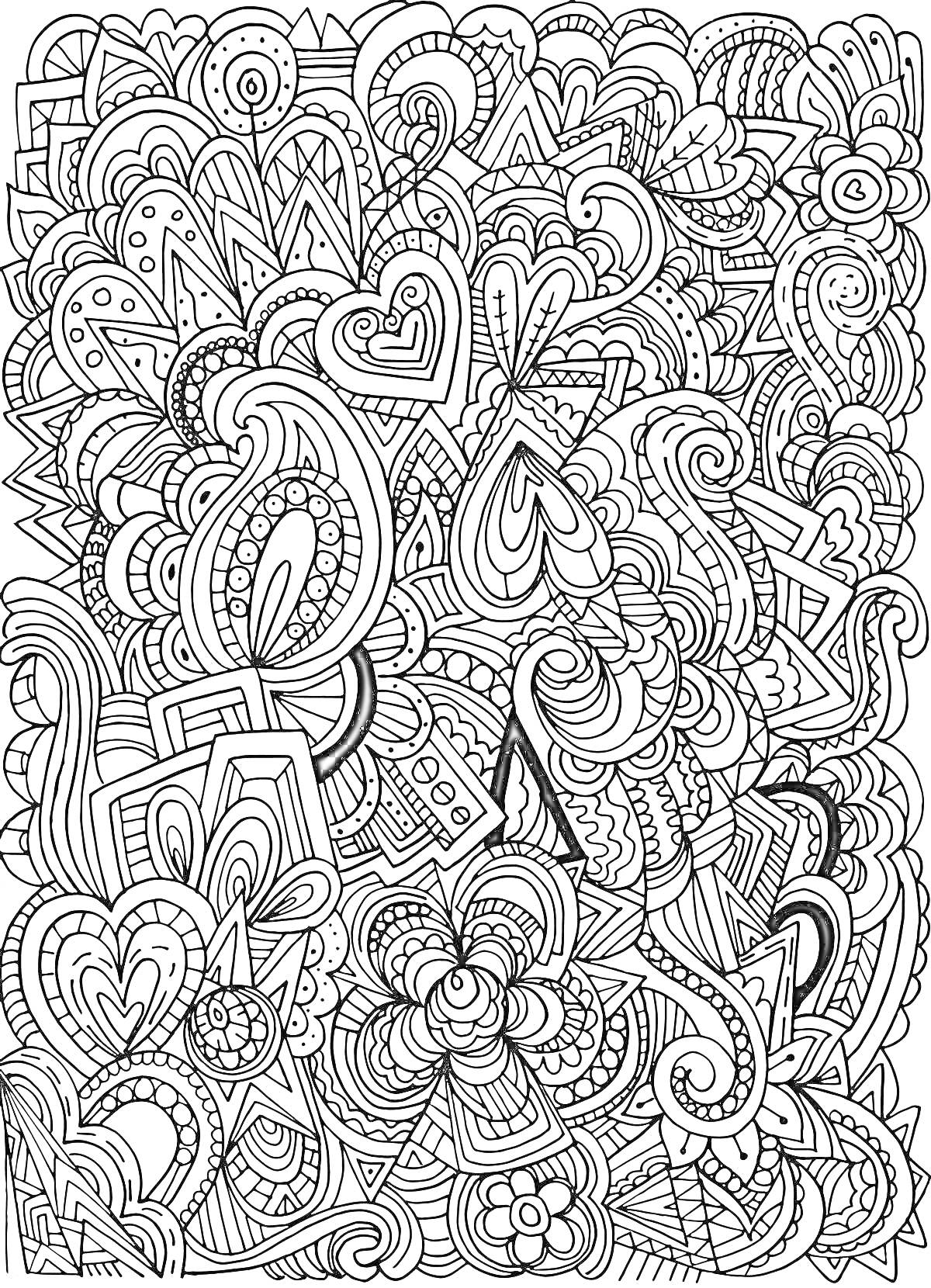 Раскраска Воображаемый узор с сердцами, завитками и цветочными элементами