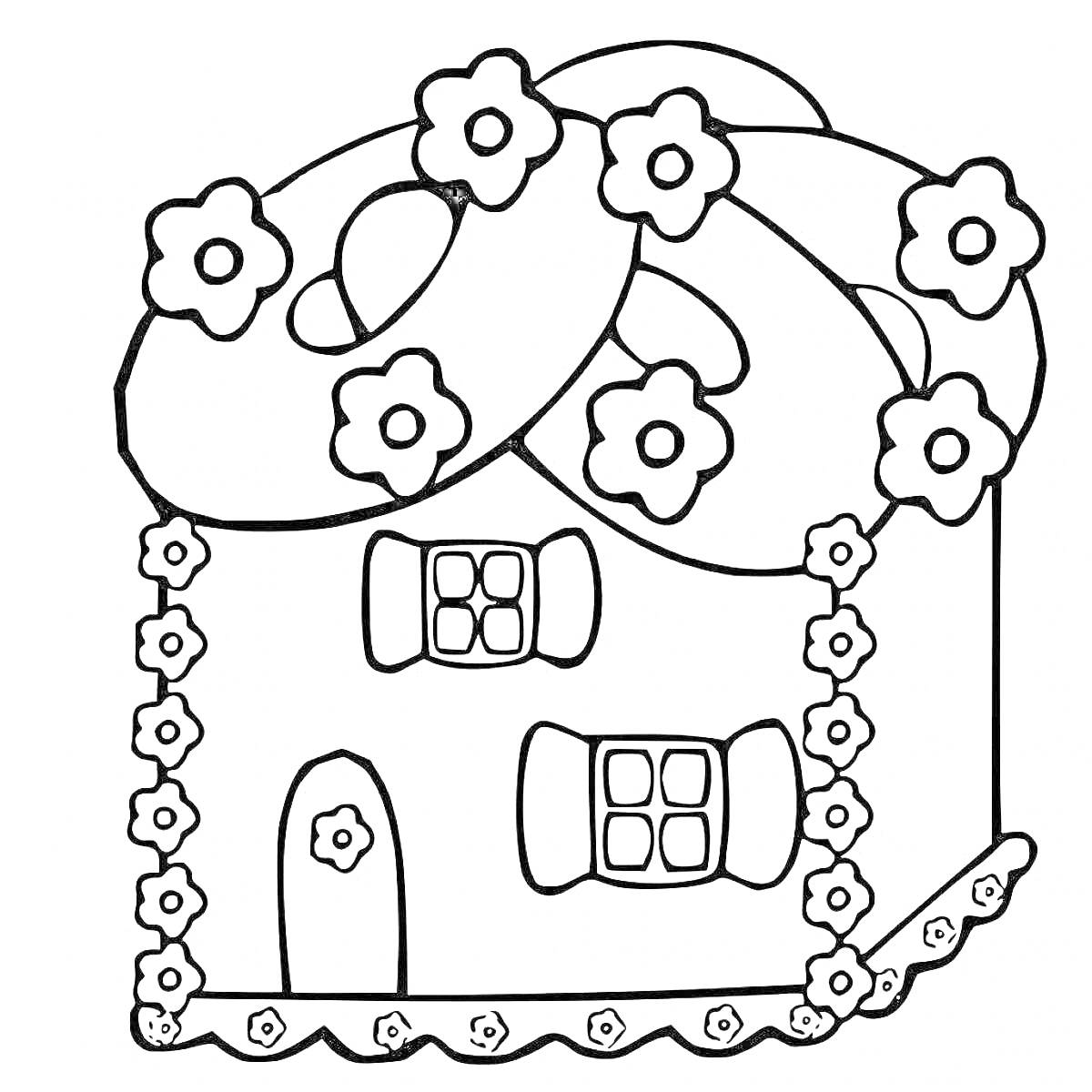Раскраска Пряничный домик с цветами на крыше и фасаде, окнами и дверью