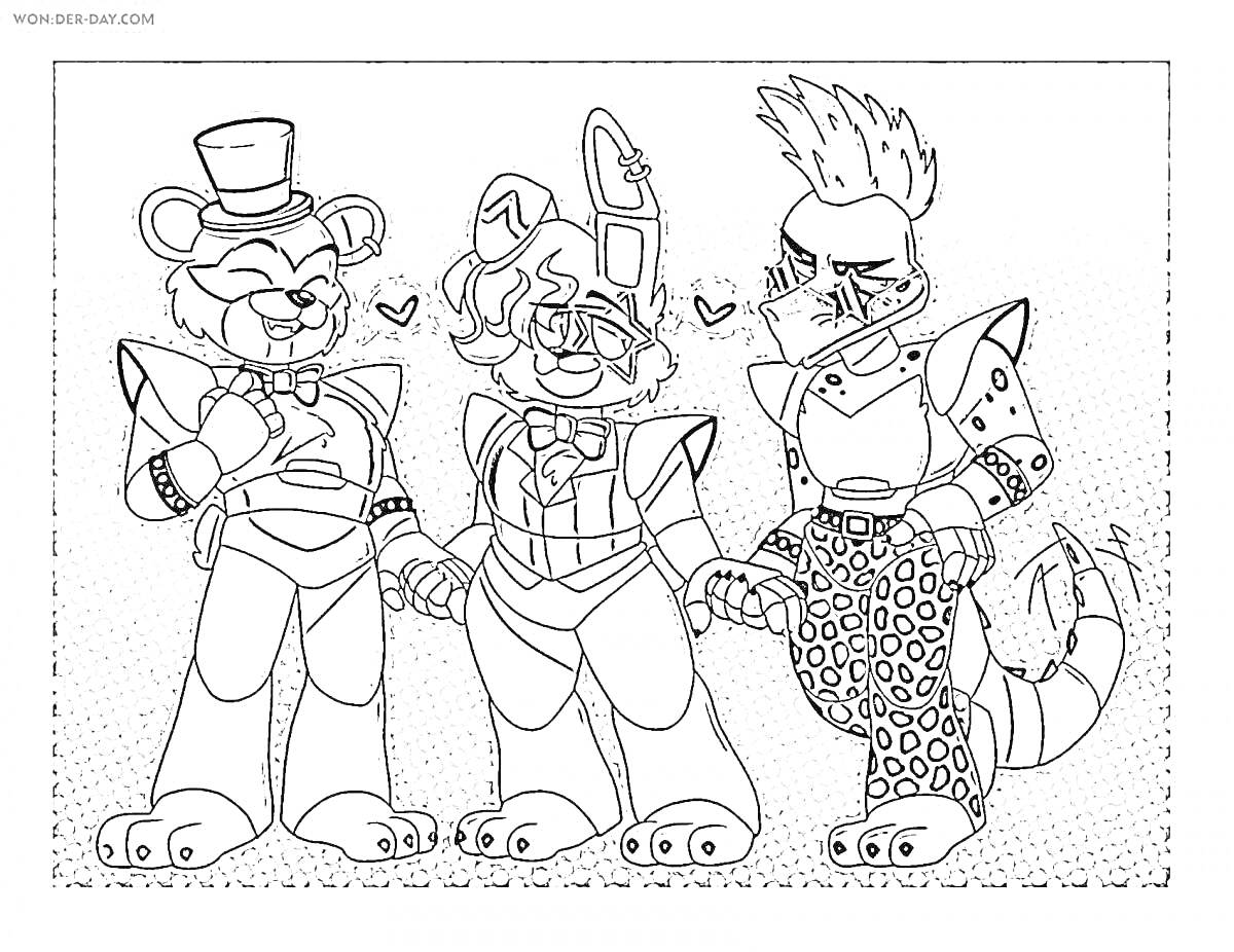 Раскраска Аниматроники Freddy, Chica и Monty держатся за руки