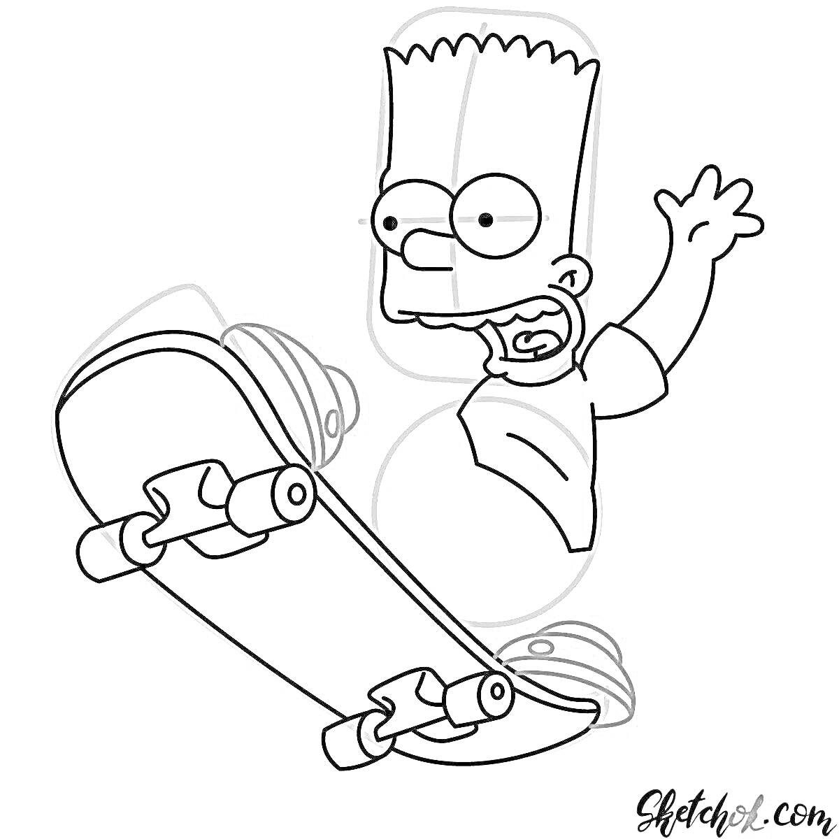 На раскраске изображено: Барт Симпсон, Скейтборд, Симпсоны, Классический персонаж