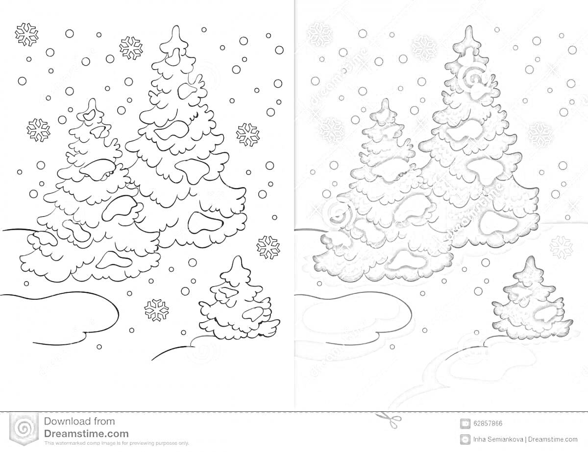 Раскраска Елки в снегу с падающими снежинками