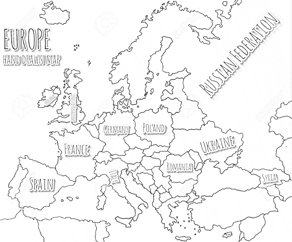 Раскраска Карта Европы со странами: Испания, Франция, Германия, Польша, Румыния, Украина, Российская Федерация