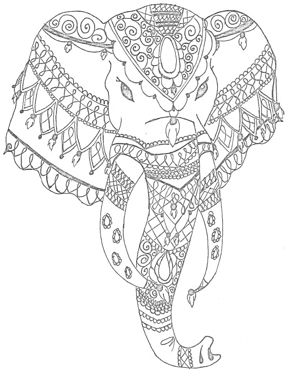 Раскраска Антистресс раскраска с изображением головы слона, украшенной орнаментами, узорами и декоративными элементами.