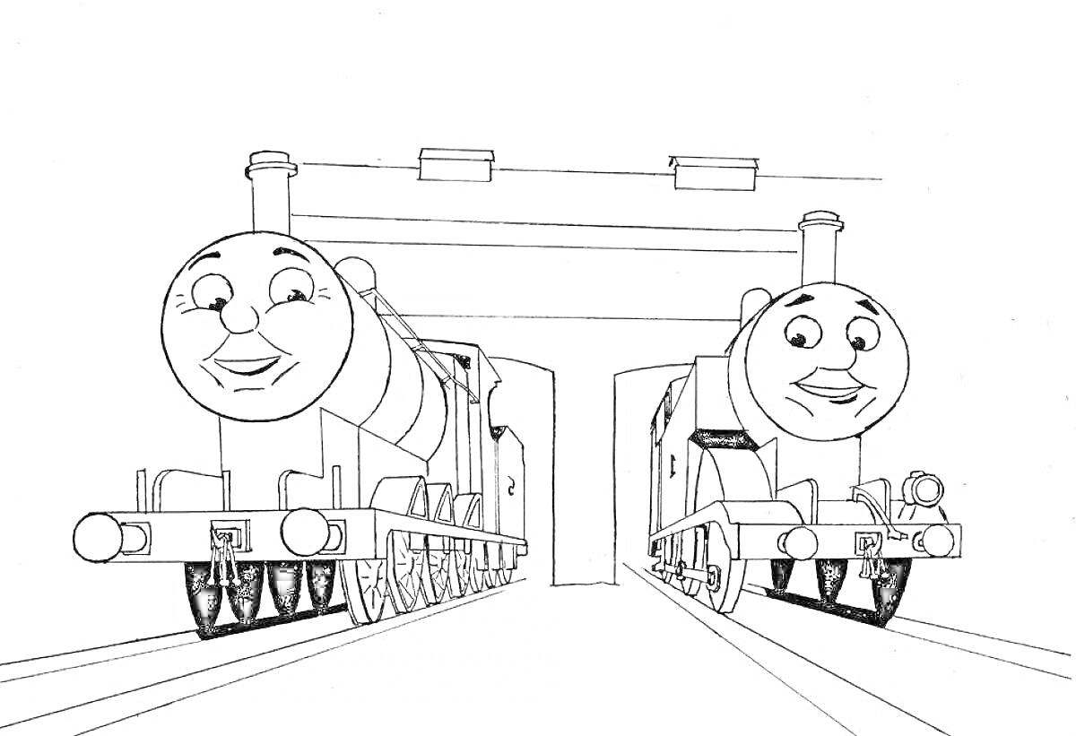 На раскраске изображено: Поезд, Железная дорога, Мост, Из мультфильмов, Вагоны
