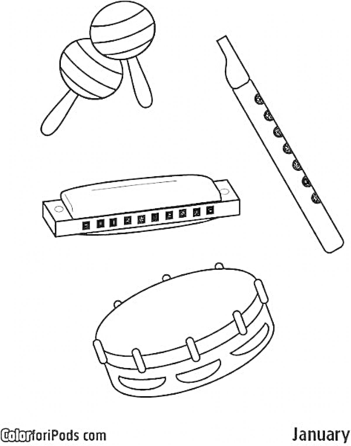 Раскраска маракасы, блокфлейта, губная гармоника, бубен