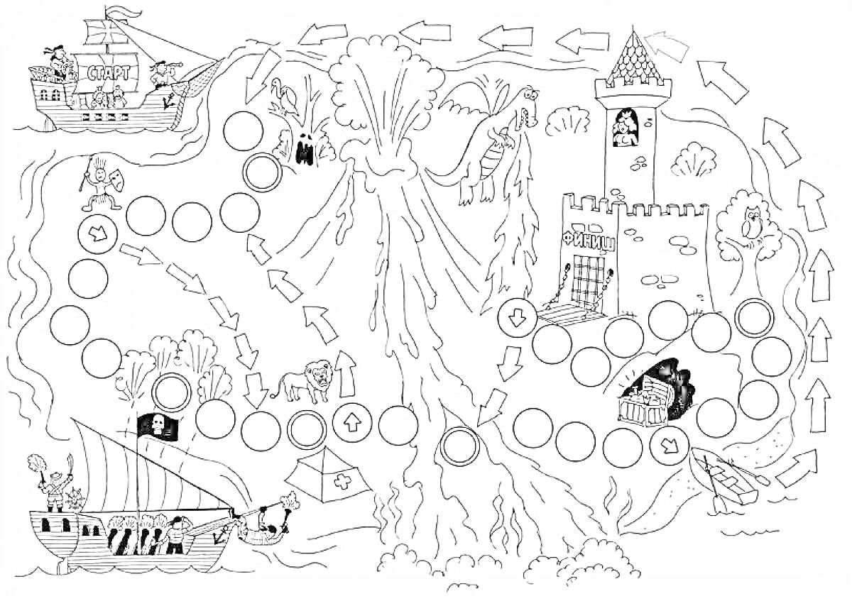 Раскраска Настольная игра-приключение с кораблями, замком, драконом и деревом с лестницей