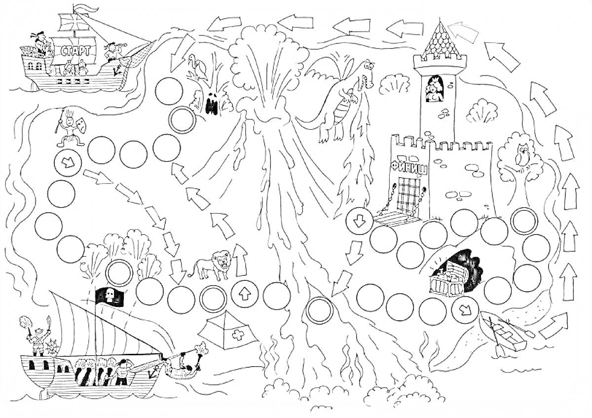 На раскраске изображено: Настольная игра, Корабль, Замок, Дракон, Лестница, Остров, Море, Тропа, Деревья, Приключения