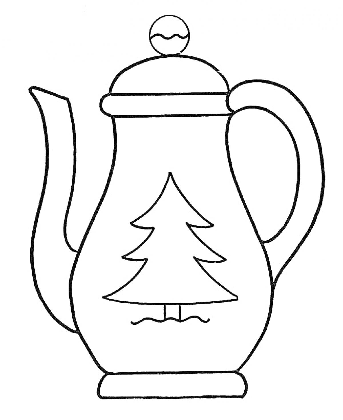 Раскраска Чайник с ручкой, носиком и ёлкой на корпусе