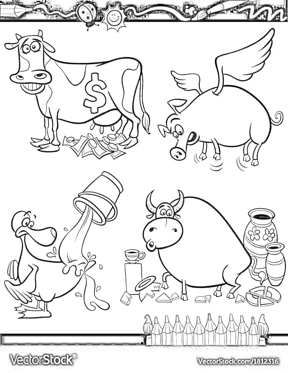 На раскраске изображено: Корова, Крылья, Утка, Молоко, Бык, Молочник, Мультяшные животные, Ферма