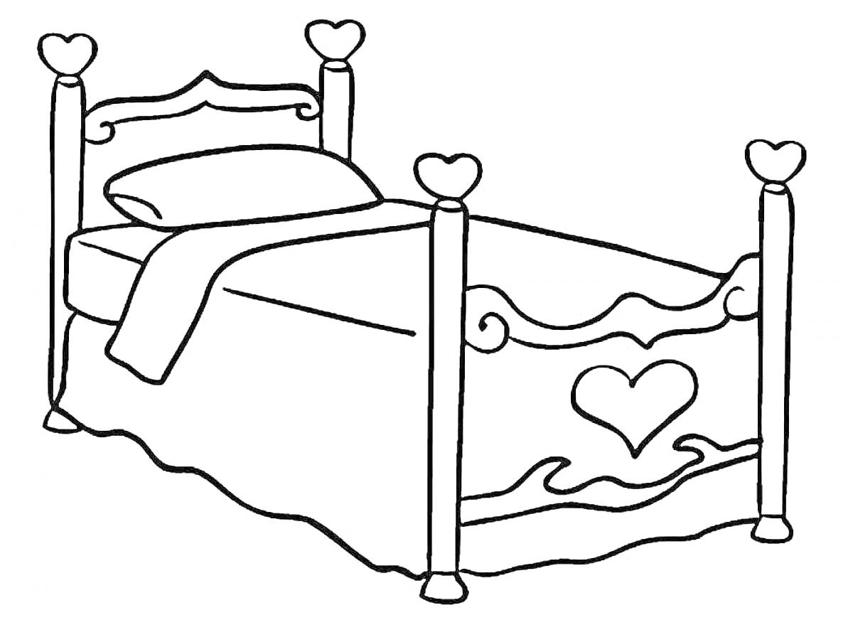 Раскраска Кровать с подушкой, одеялом и декоративными сердечками