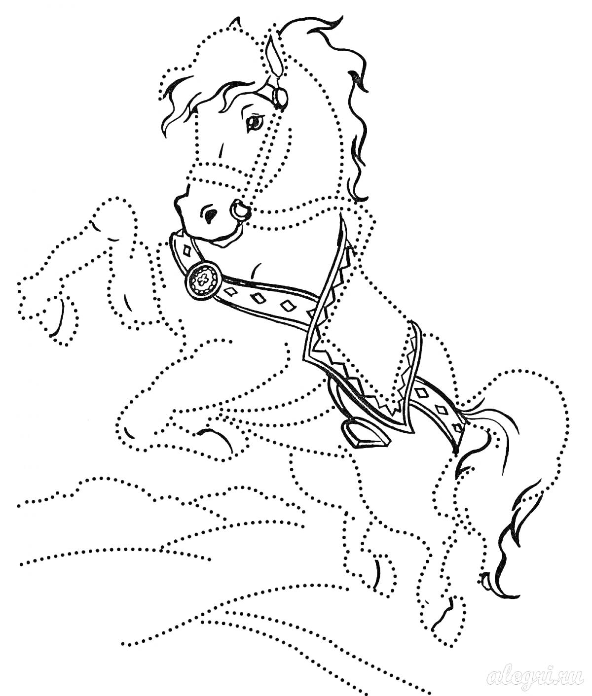 На раскраске изображено: Лошадь, Белый фон, Из сказок