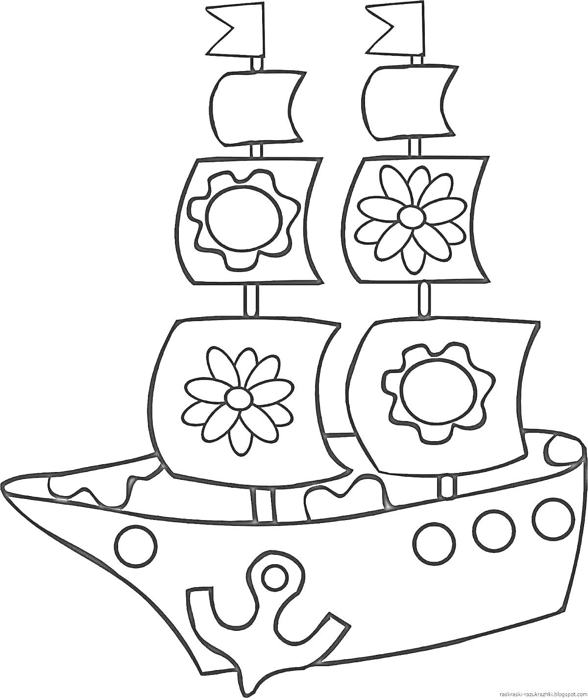 Раскраска Кораблик с парусами, украшенными цветами, и якорем на носу