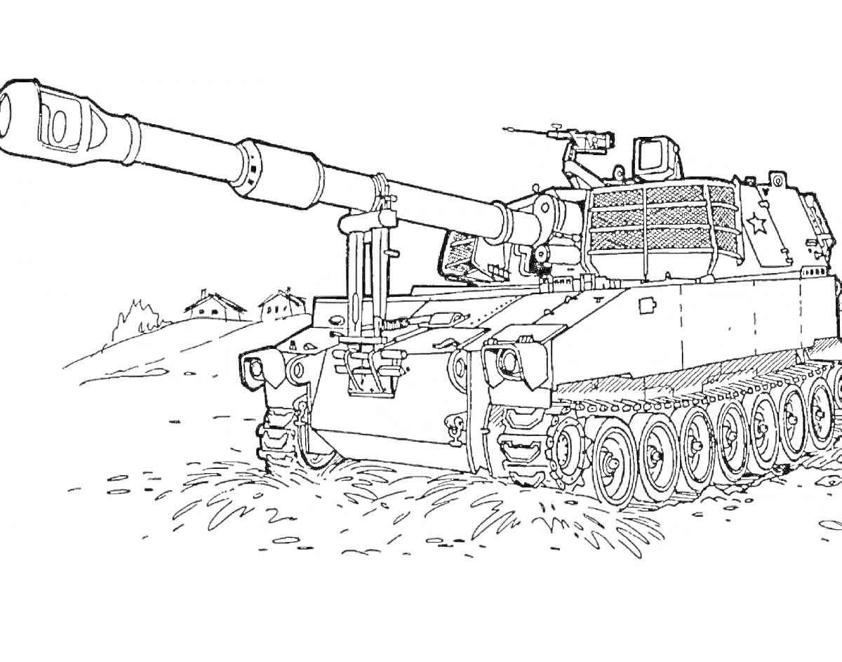 Раскраска Боевая машина с пушкой на гусеничном ходу с домами на заднем фоне