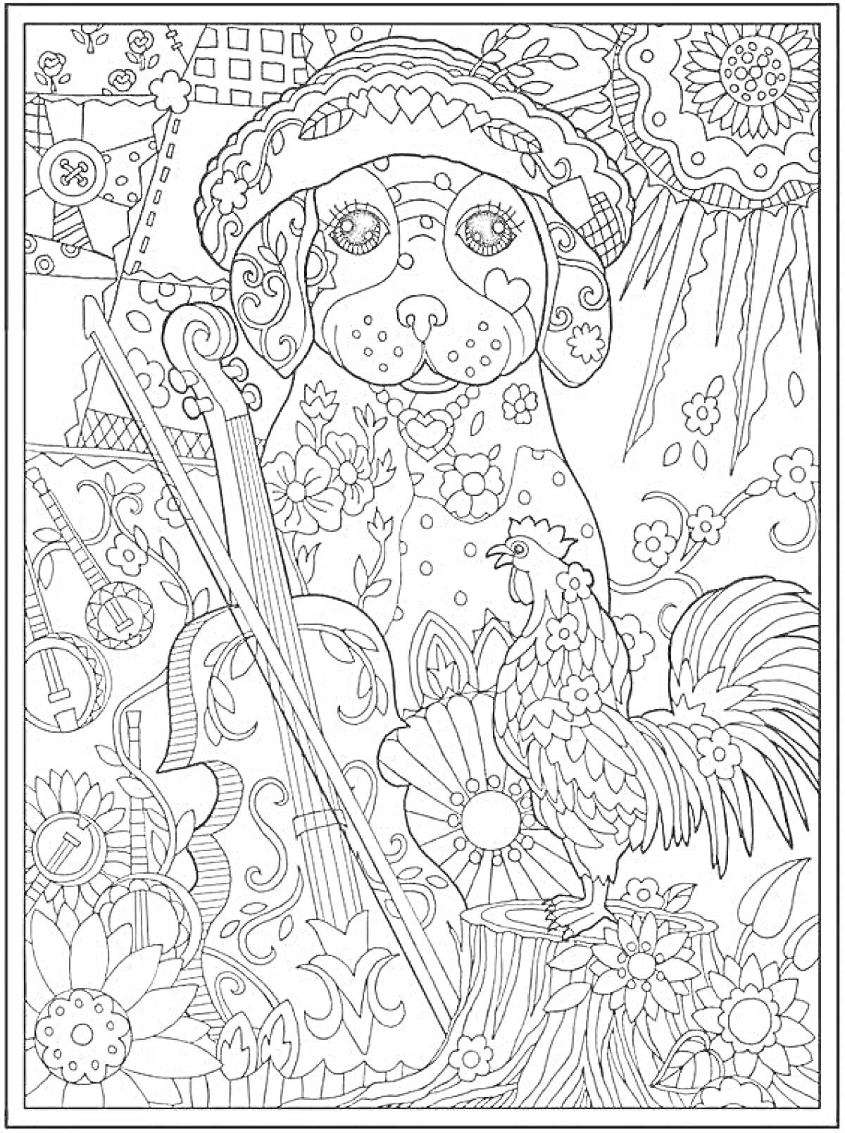 На раскраске изображено: Собака, Шляпа, Музыкальный инструмент, Цветы, Петух, Узоры, Природа, Антистресс