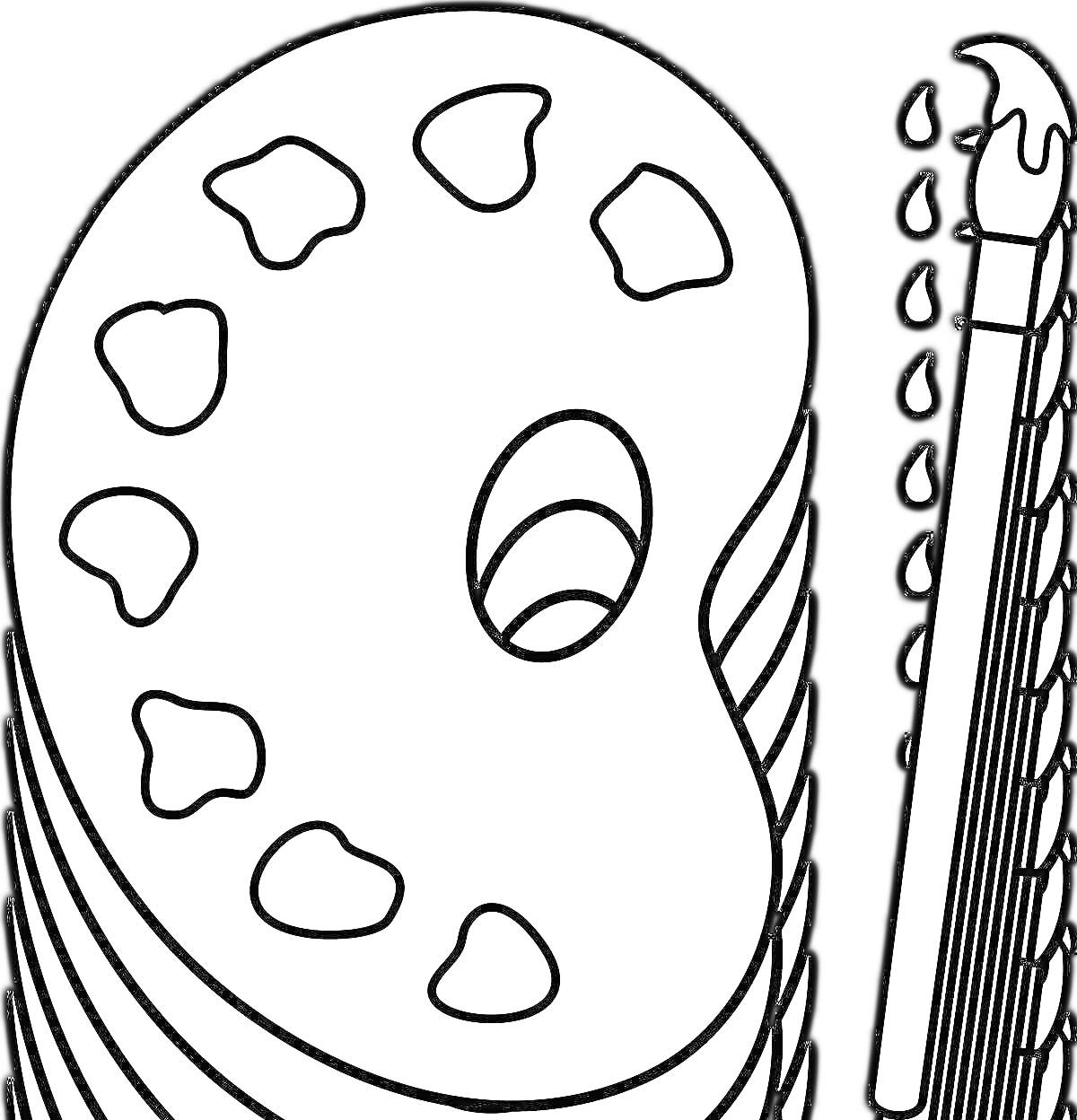 На раскраске изображено: Палитра, Краски, Кисти, Художественные принадлежности