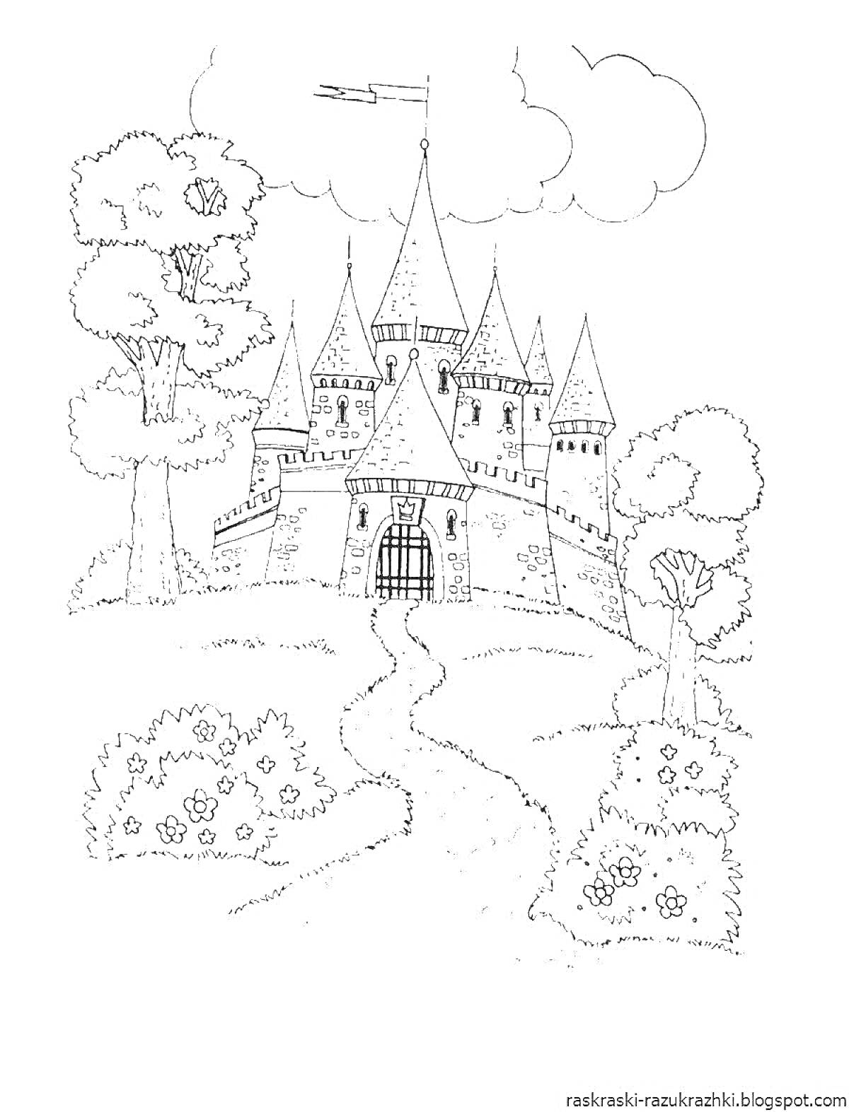 На раскраске изображено: Замок, Башни, Деревья, Кусты, Цветы, Облака, Птица