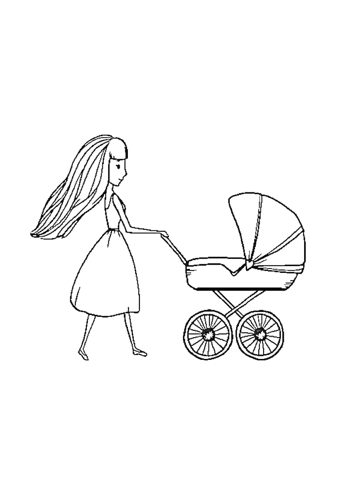 Раскраска Женщина с длинными волосами в платье, гуляющая с коляской
