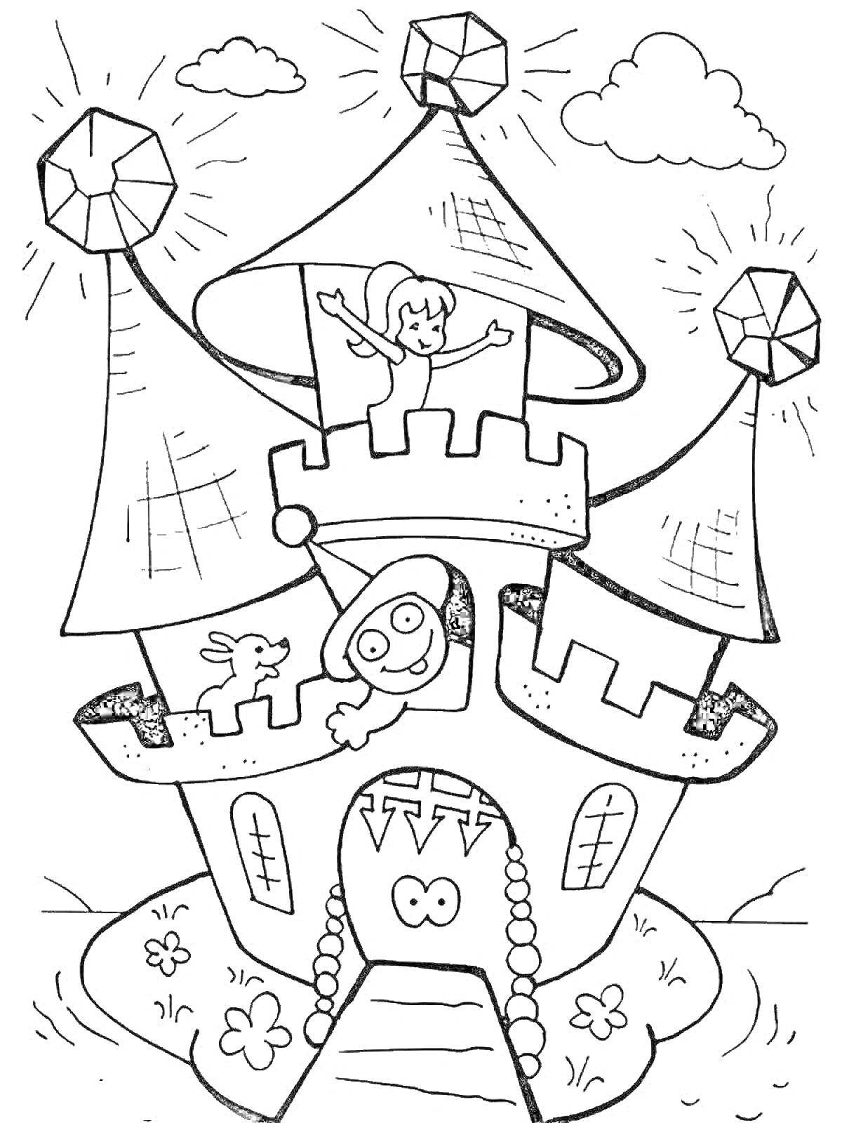 На раскраске изображено: Замок, Башни, Драгоценные камни, Человек, Флаг, Цветы, Облака
