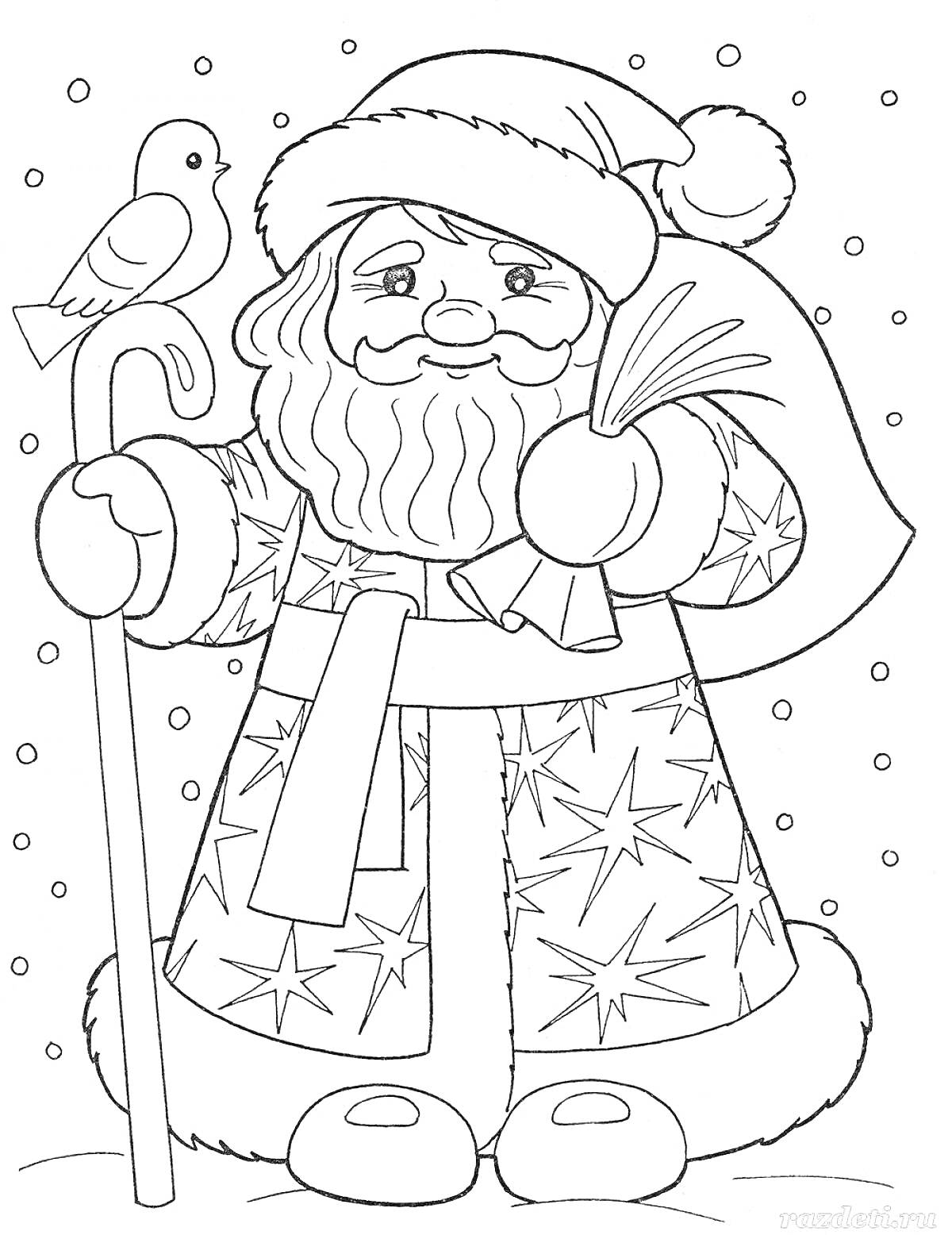 На раскраске изображено: Дед Мороз, Снег, Дети 3-4 года, Зима, Мешок с подарками, Новый год, Посохи, Птица