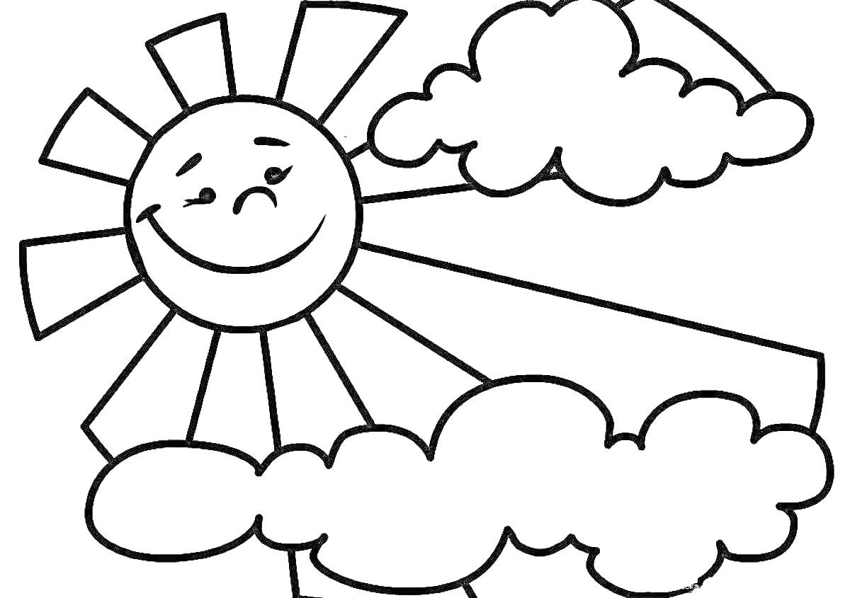 На раскраске изображено: Солнце, Облака, Небо, Природа, Солнечные лучи, Улыбающееся солнце