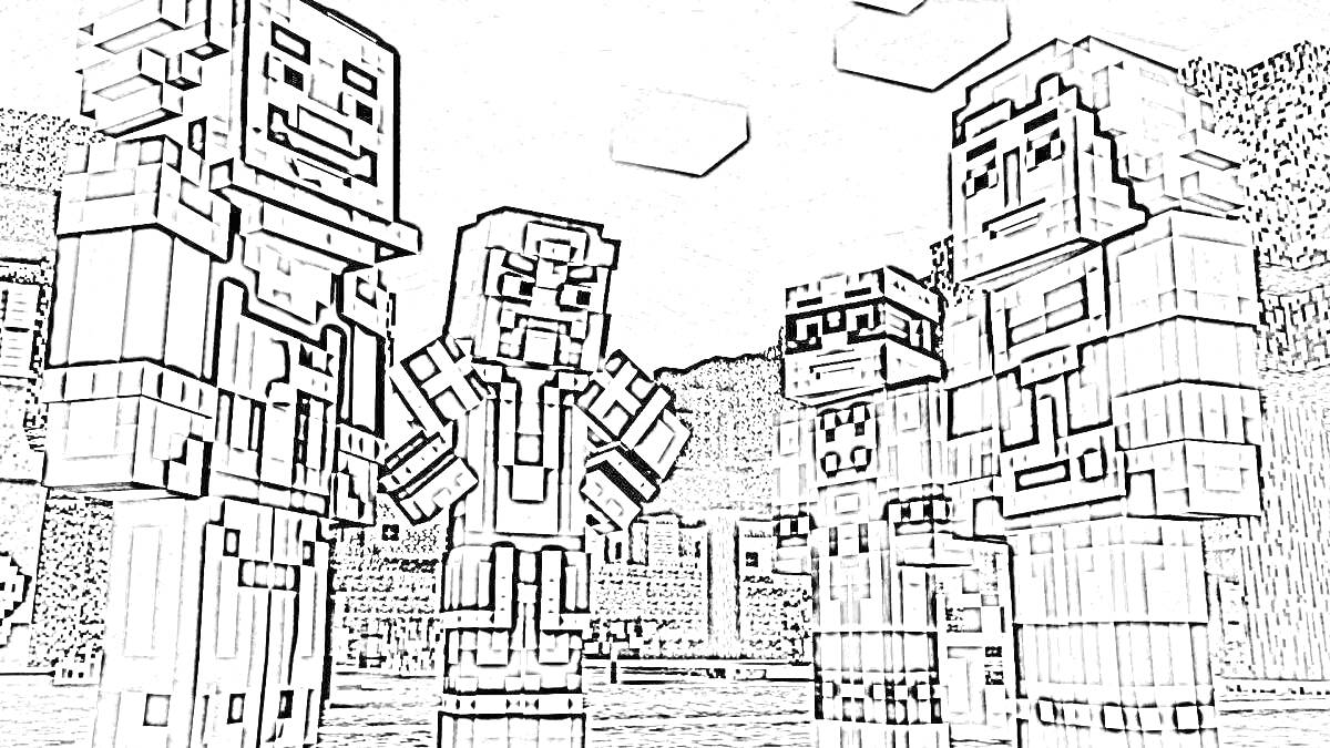 Раскраска Персонажи из игры Among Us в стиле Minecraft, четыре персонажа стоят на фоне природы