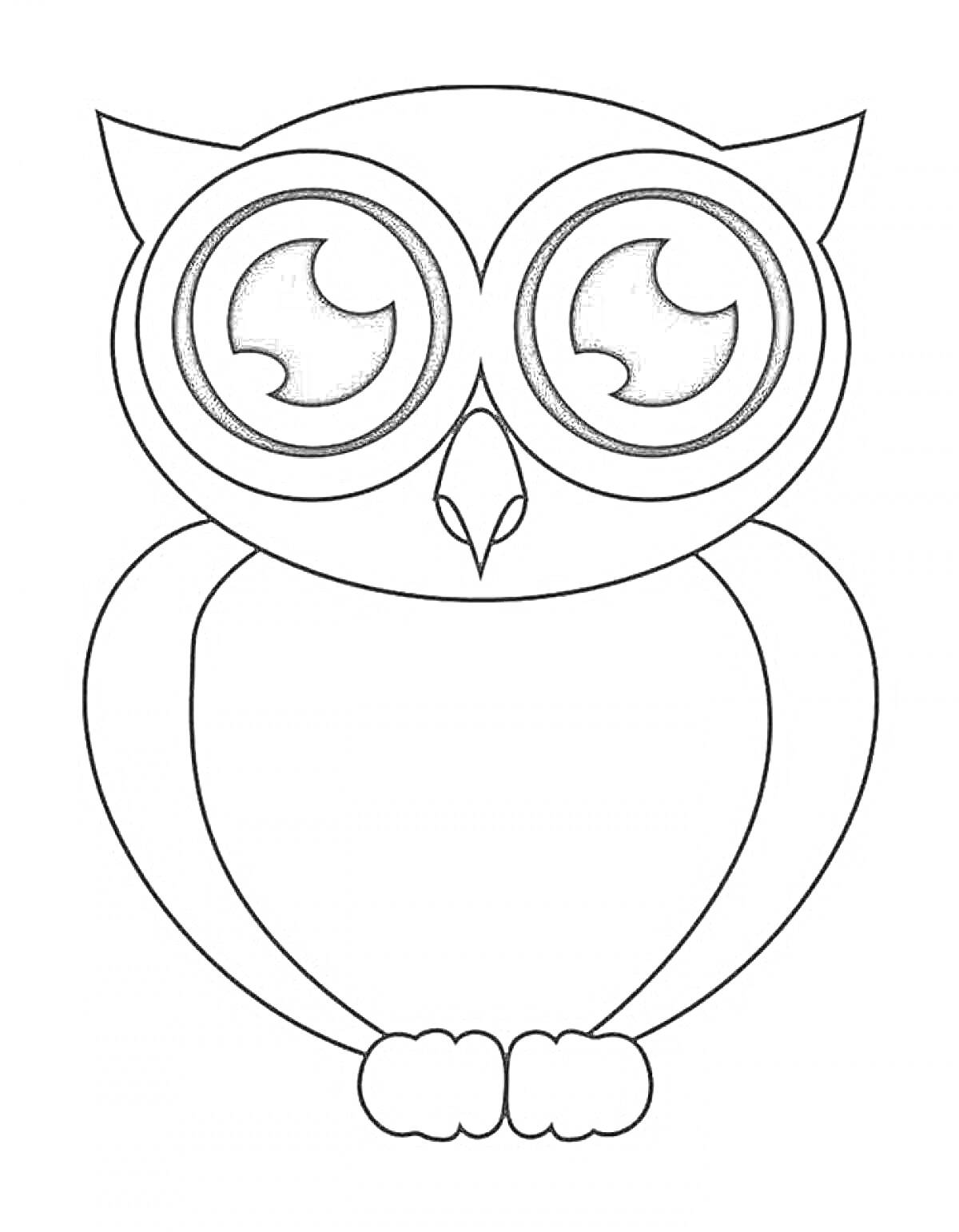 Раскраска Сова с большими круглыми глазами, клювом, крыльями и лапками