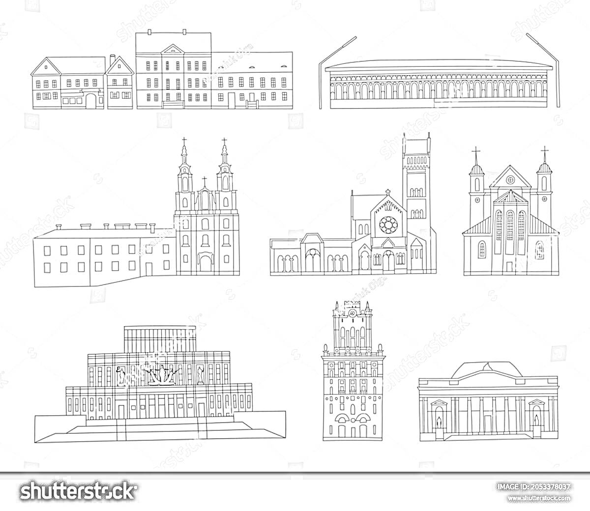 Раскраска Архитектурные памятники Минска: ряды административных зданий, колокольня, церковь с двумя башнями, оперный театр, башня с часами, концертный зал