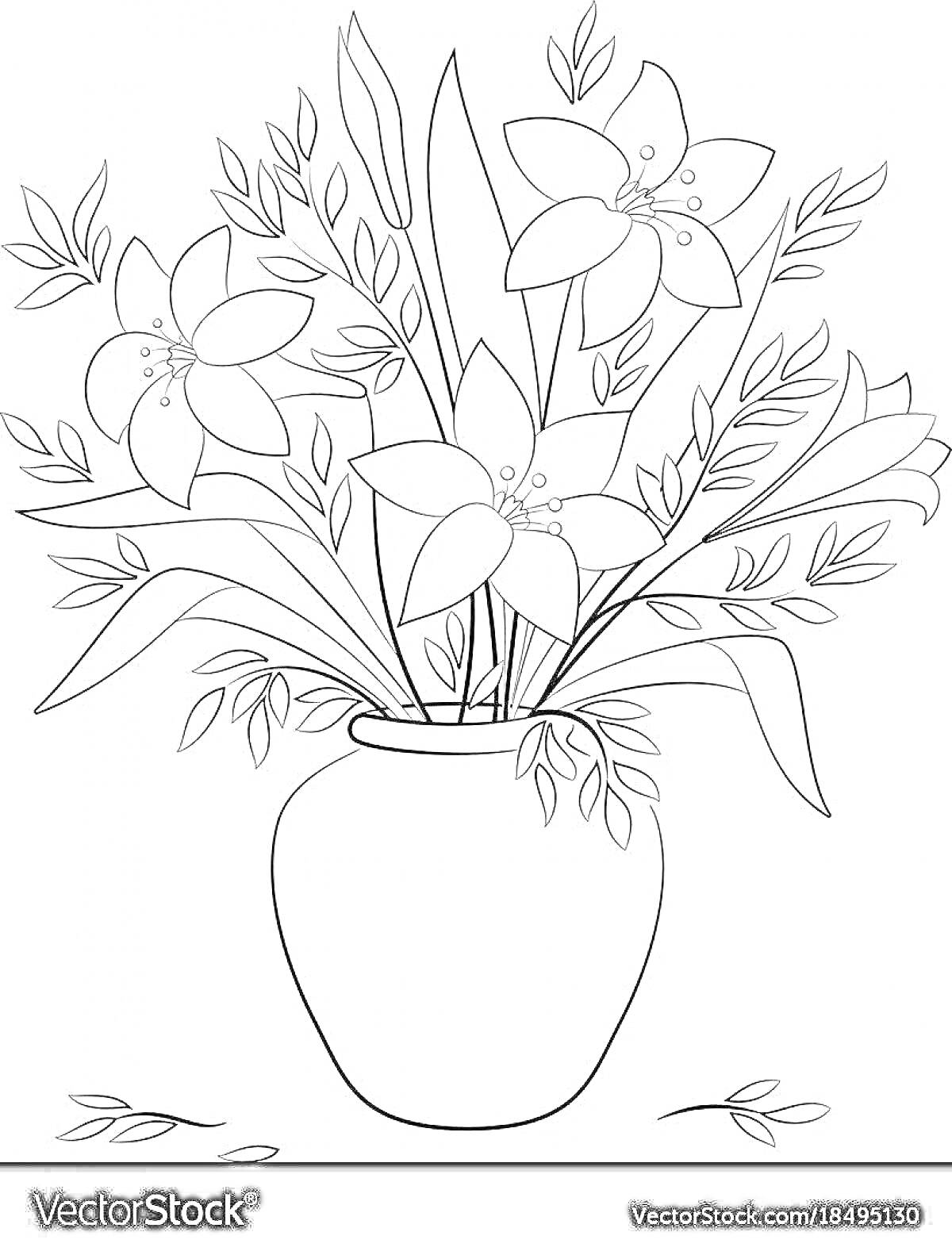 На раскраске изображено: Цветы, Натюрморт, Лилии, Ваза, Листья