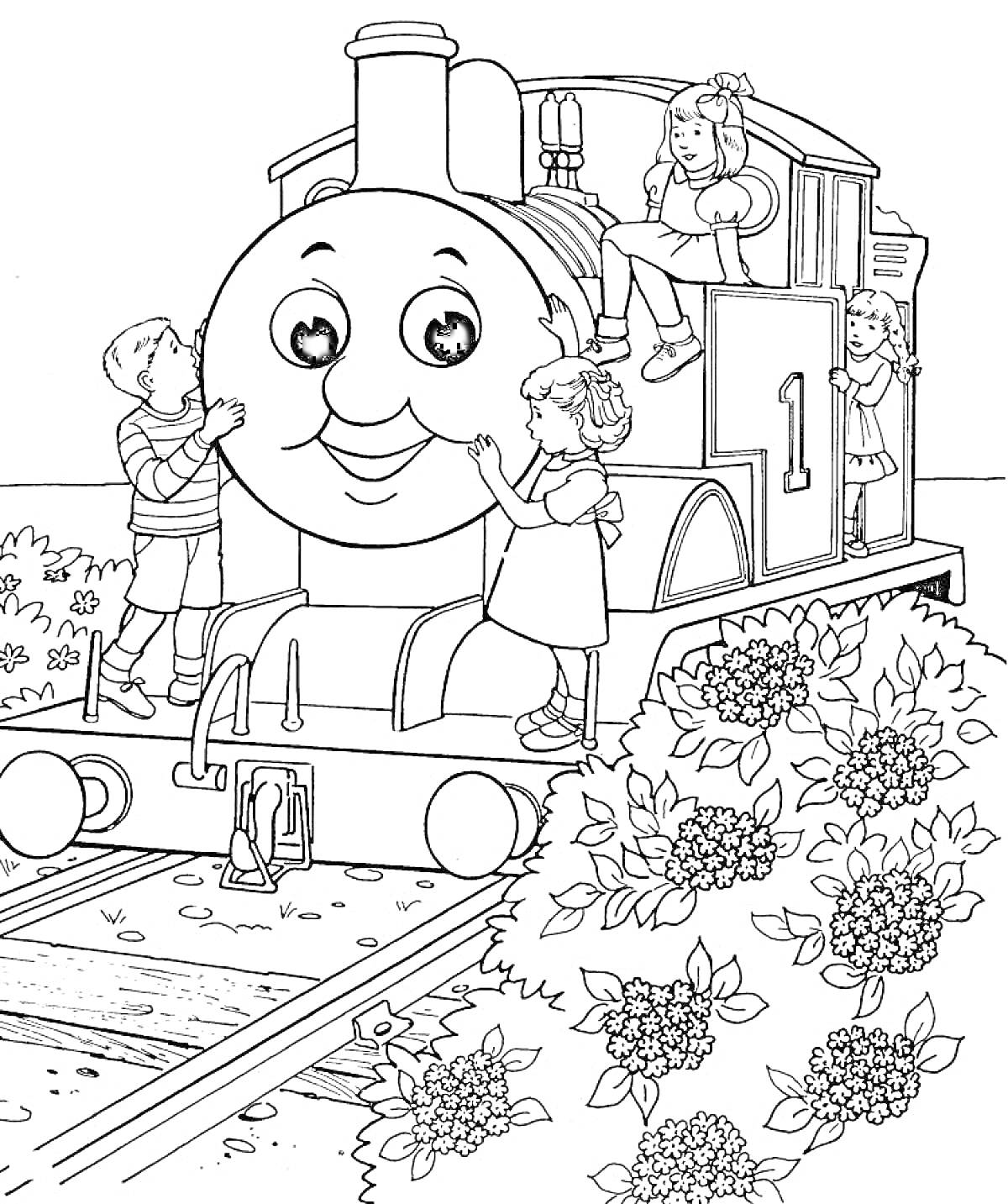 Раскраска Паровозик Томас, дети, цветущие кусты, железнодорожные рельсы