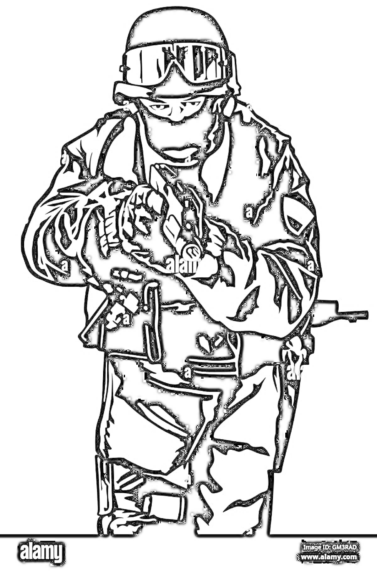 На раскраске изображено: ОМОН, Спецназ, Солдат, Оружие, Защитные очки, Военная экипировка, Безопасность, Форма, Боевые действия