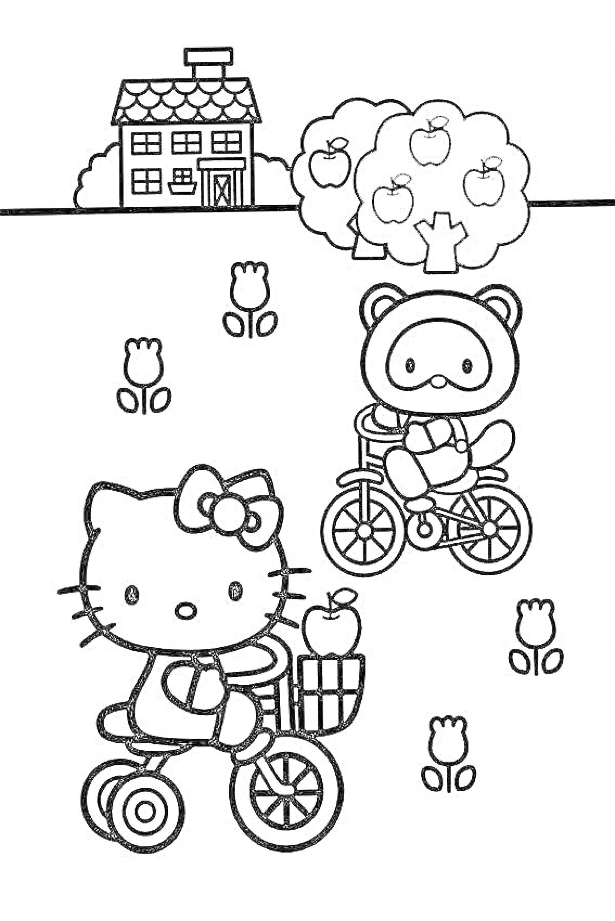 На раскраске изображено: Хелло Китти, Велосипед, Дом, Тюльпаны, Растения