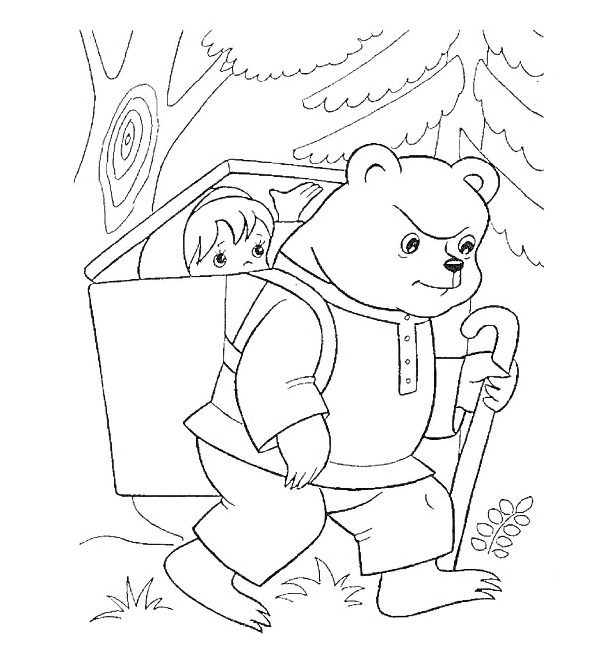 Раскраска Маша в корзине у Медведя на фоне леса