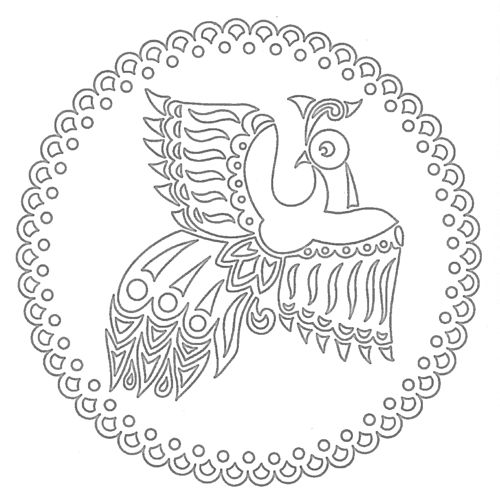 Раскраска салфетка с рисунком птицы в ажурной рамке
