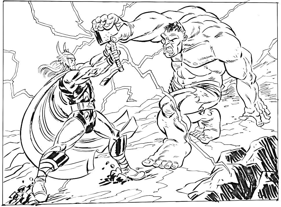 Два супергероя сражаются на скалистом поле, один с молотом и в плаще, другой массивного телосложения размахивает кулаком