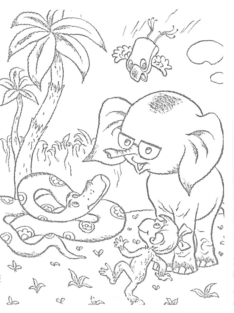 Раскраска Слоненок и мартышка разговаривают со змеей, попугай летает над ними, фон - пальмы и облако