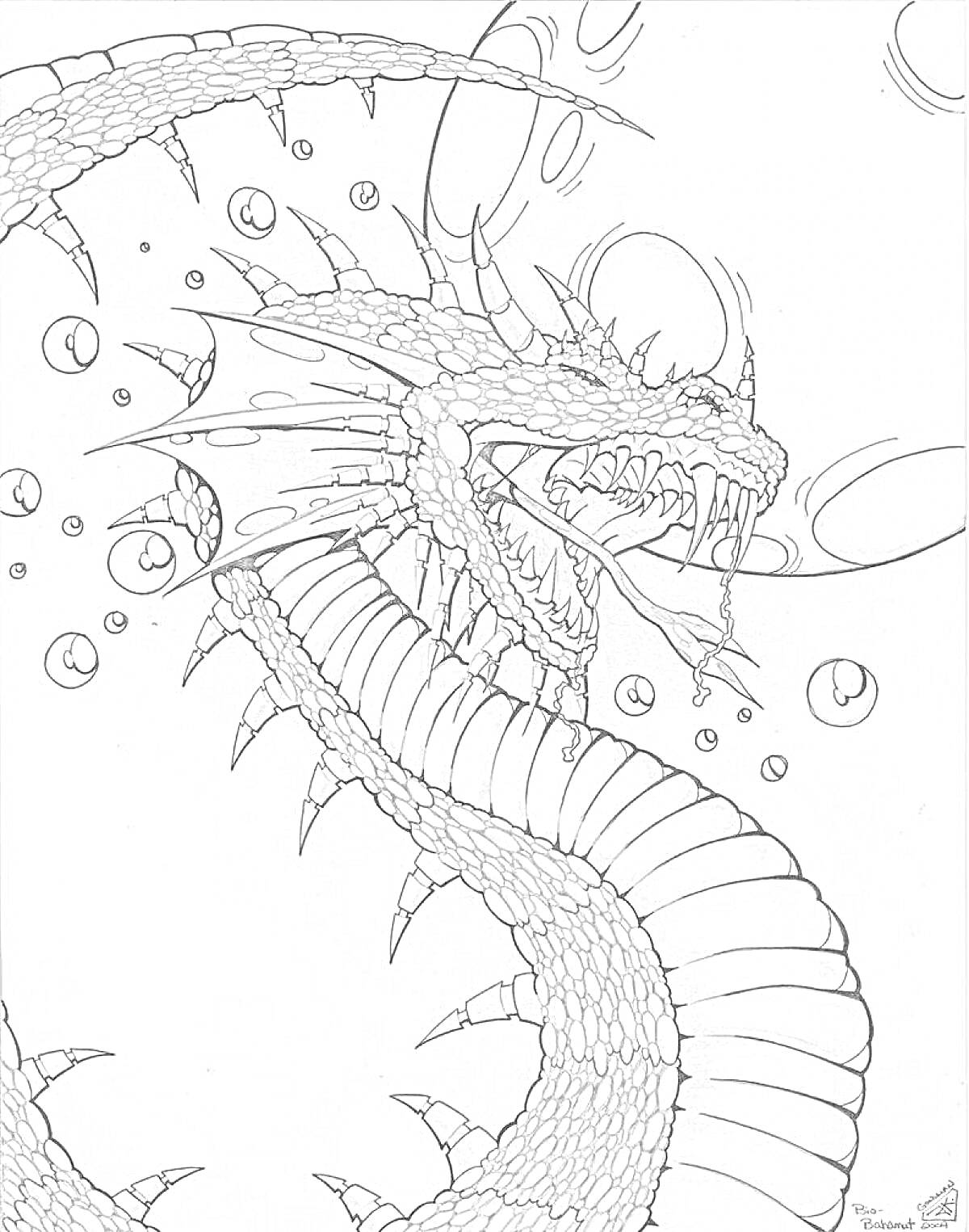 Раскраска дракон с рогами и чешуёй, окружённый пузырями