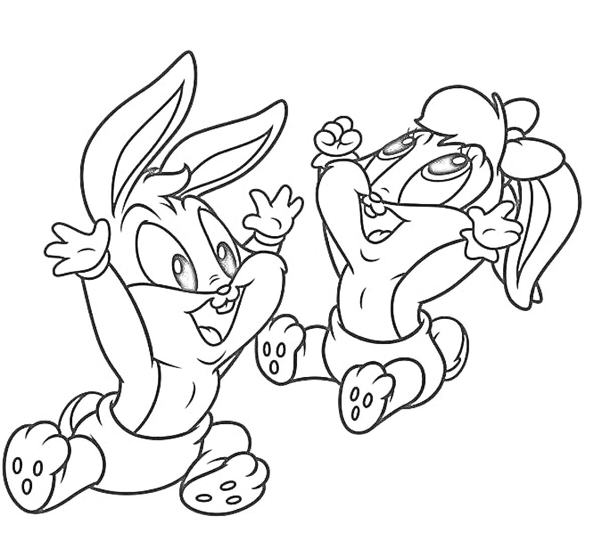 Раскраска Два мультяшных зайчонка, сидящих и радующихся