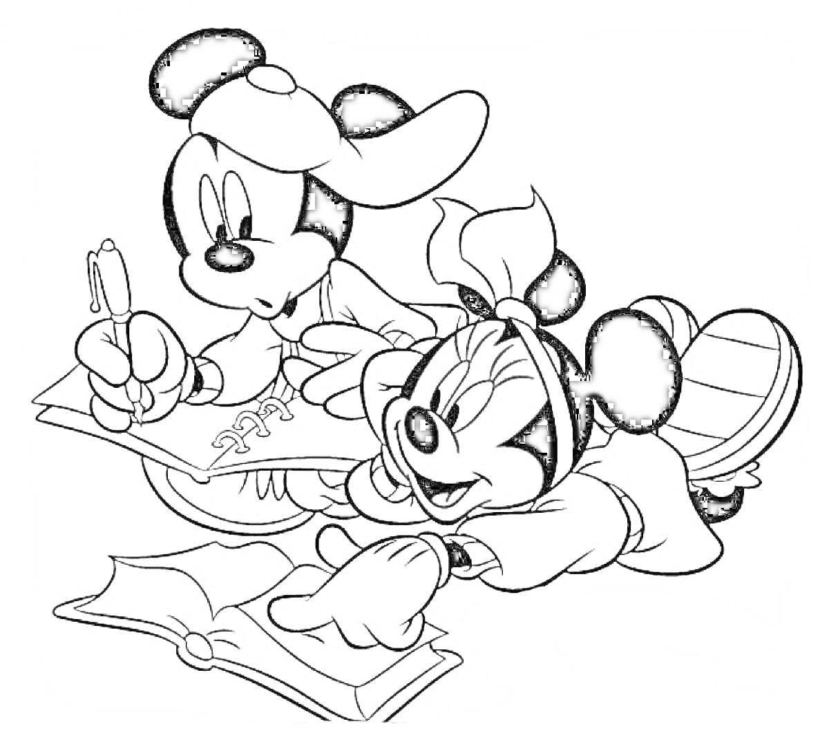 Раскраска Микки Маус и Минни Маус рисуют и читают книги