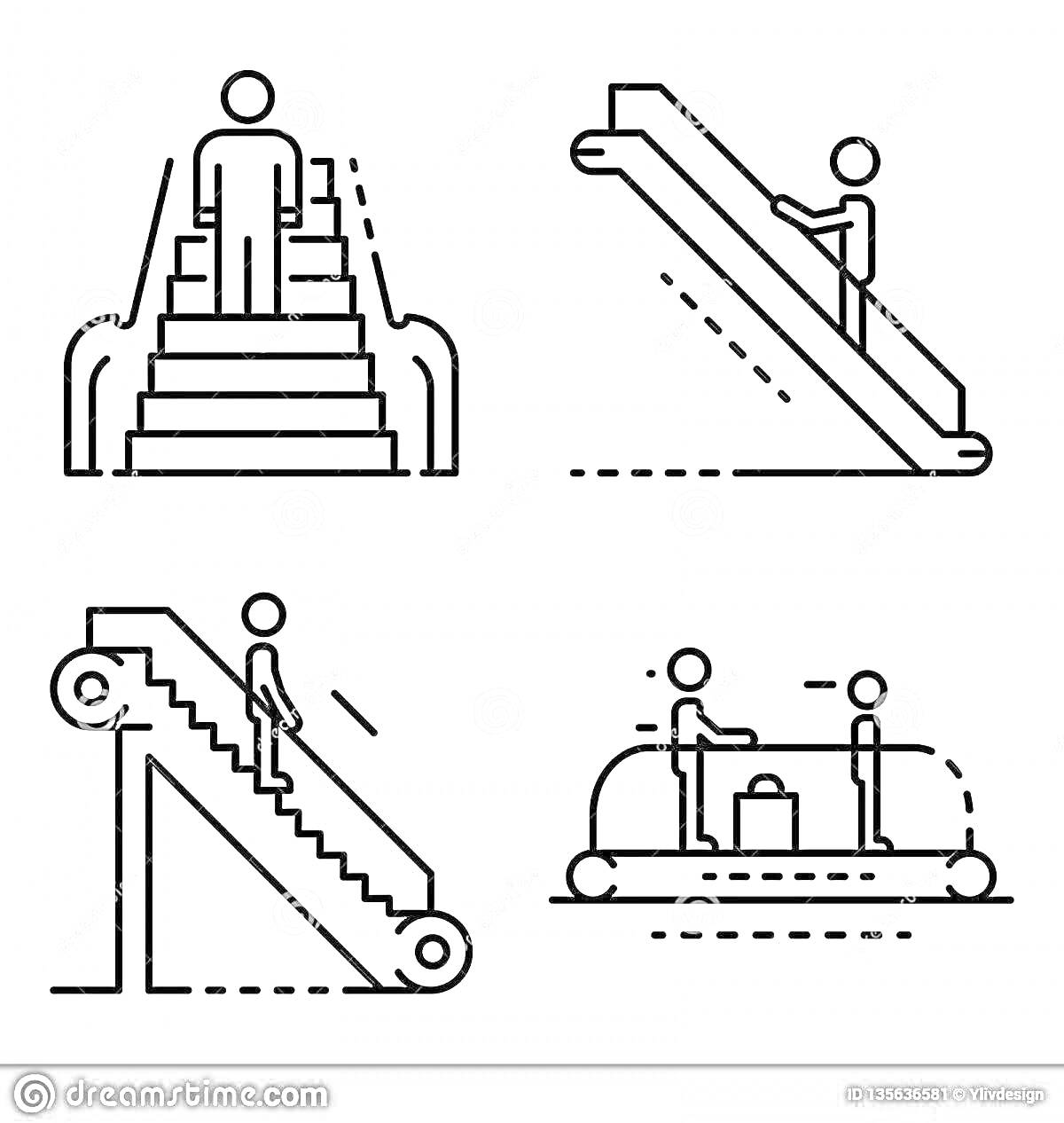 Раскраска Четыре вида движения при помощи эскалатора и лестницы – человек на лестнице, человек на эскалаторе, рисунок сбоку человека на эскалаторе, люди на движущейся дорожке с багажом