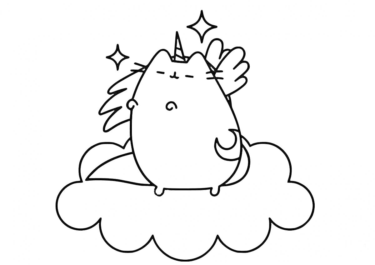 Раскраска Кавайный кот-единорог на облаке с крылышками и звездами