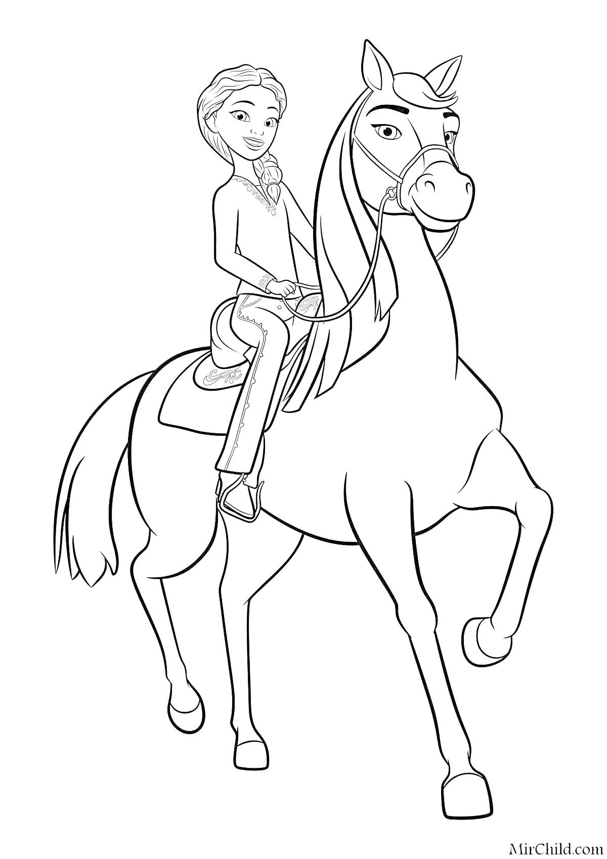 На раскраске изображено: Девочка, Лошадь, Спирит, Верховая езда, Уздечка, Седло