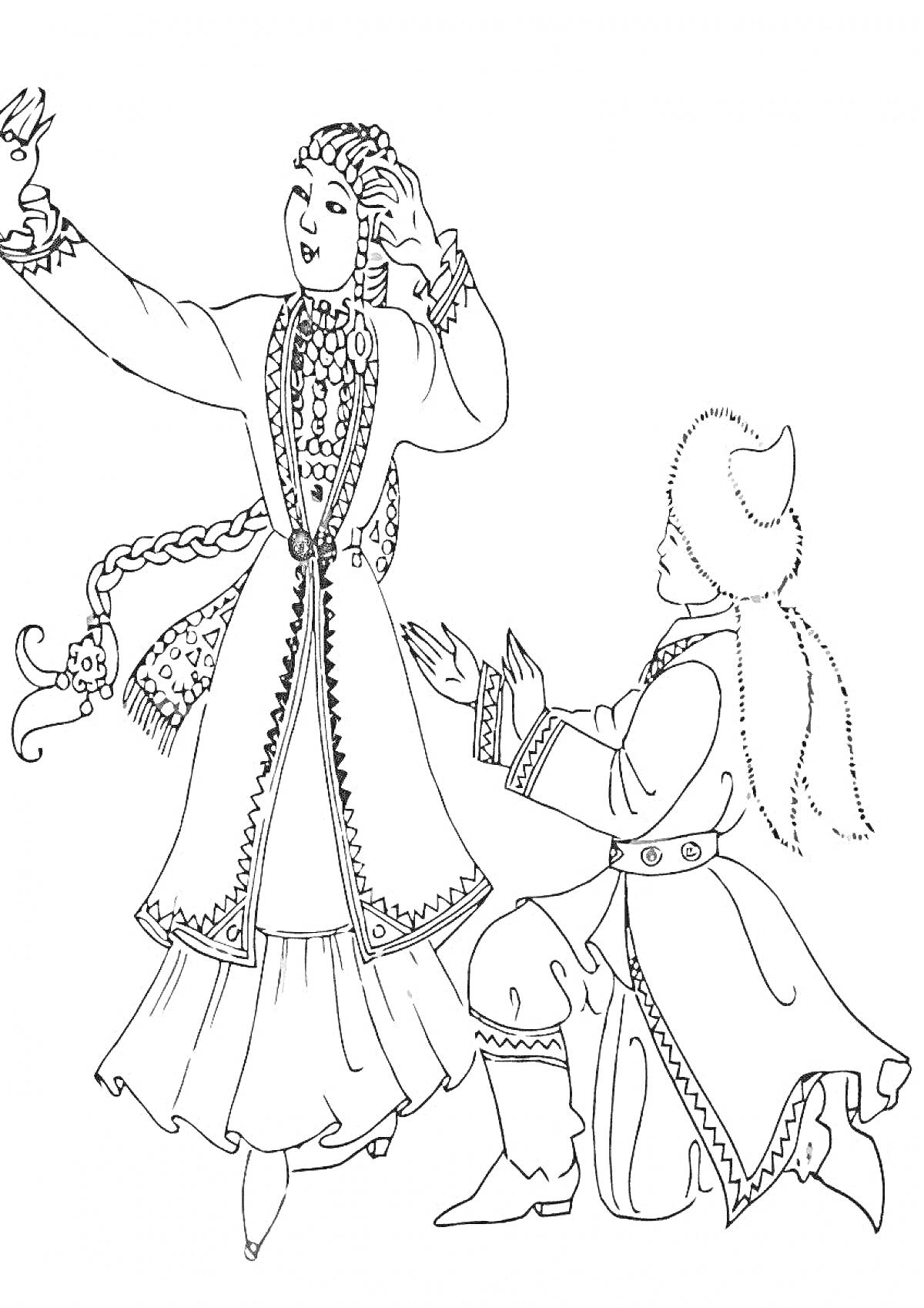 Раскраска Традиционный казахский танец с мужчиной и женщиной в национальных костюмах