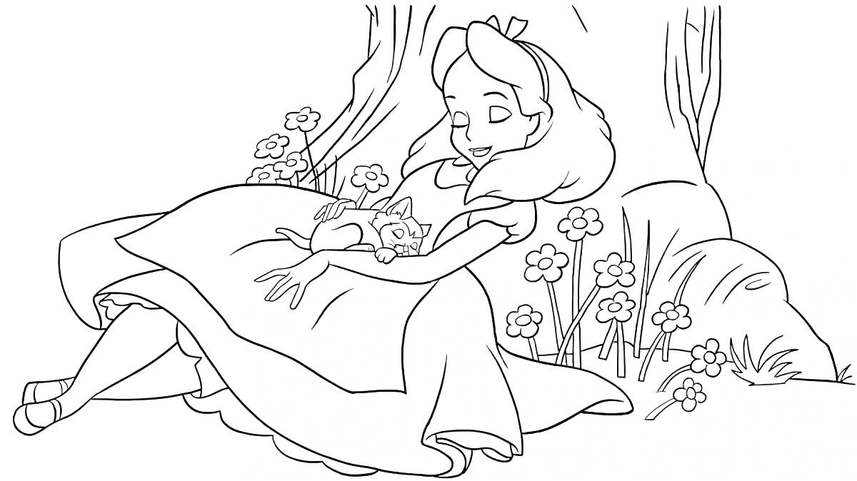 Раскраска Алиса сидит под деревом с котенком на коленях и цветами вокруг
