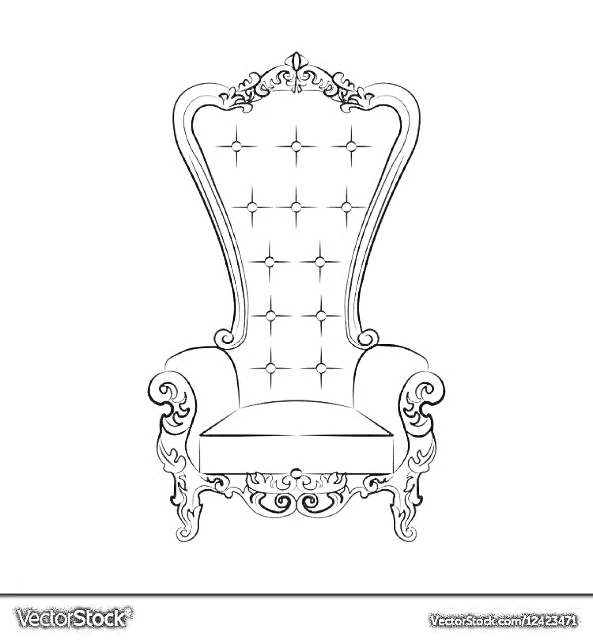 Раскраска трона с высоким изголовьем, украшенного узорами и пуговицами, и с декоративными подлокотниками