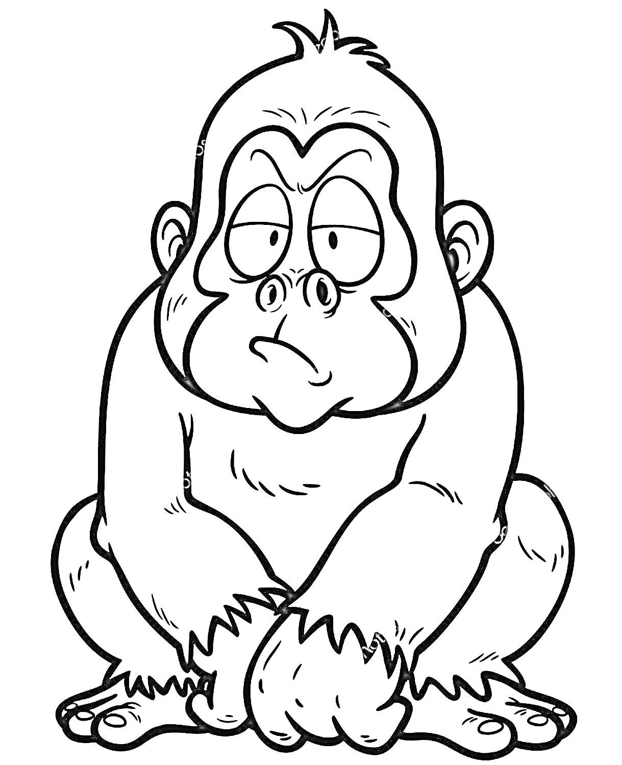 Грустная горилла с выражением усталости и задумчивости, сидящая на корточках