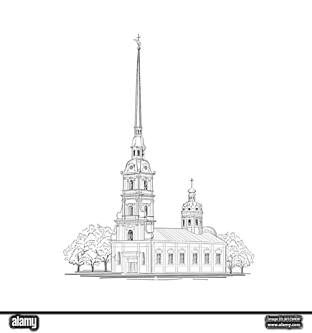 На раскраске изображено: Петропавловская крепость, Собор, Архитектура, Санкт-Петербург, Деревья, Шпиль