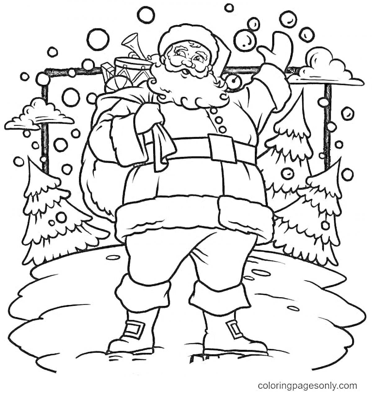 Санта с мешком подарков на зимнем фоне с ёлками и снегом