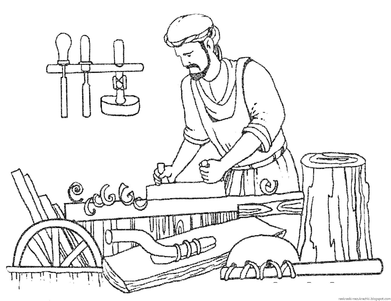 Раскраска Столяр за работой. Столярный верстак, стружки, рубанок, пила, молоток, бревно, инструменты на стене