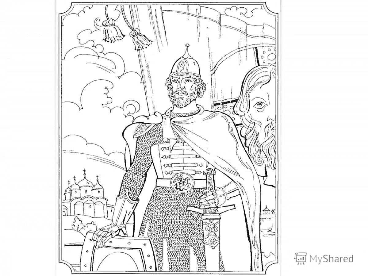 Александр Невский в доспехах с мечом, рядом большая икона, на заднем плане церковь и облака